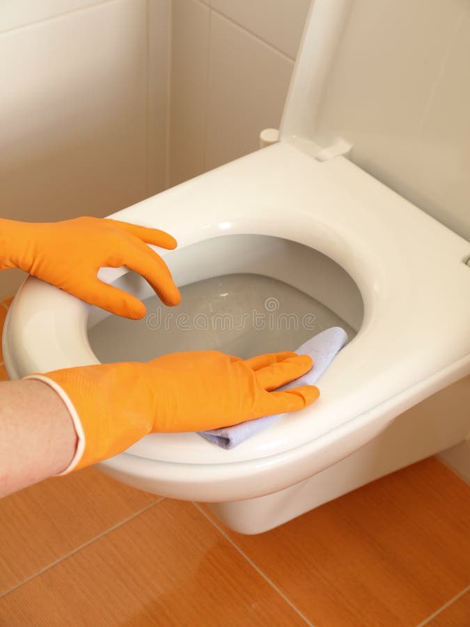 Housekeeper Cleaning A White Toilet Lid Stock Photo 