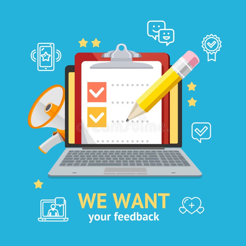 We Want Feedback Concept with Checklist Dashboard Computer Interface Positive Testimonial and Review Elements Design Contact. Vector illustration. We Want Feedback Concept with Checklist Dashboard Computer Interface Positive Testimonial and Review Elements Design Contact. Vector illustration