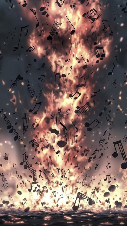 Wirbelwind musikalischer Noten in einer mächtigen Feuerblase vektor abbildung