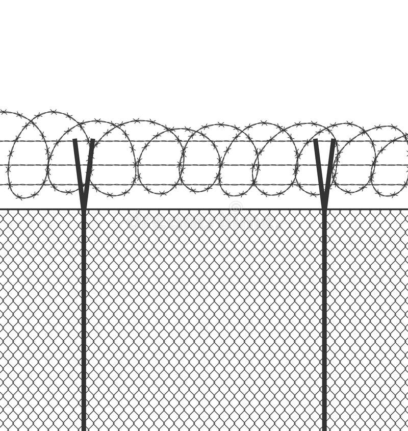 Military jail fence. Vector barbed spike wire. Safety metal net barrier. Prison iron gate security fencing. Simple graphic illustr