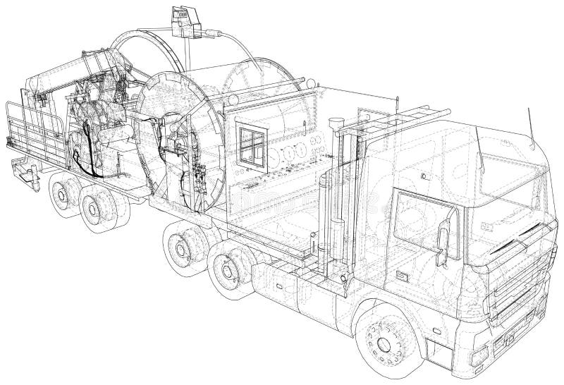 Wire-frame line coiled tubing truck isolated on white. Vector rendering of 3d vector illustration