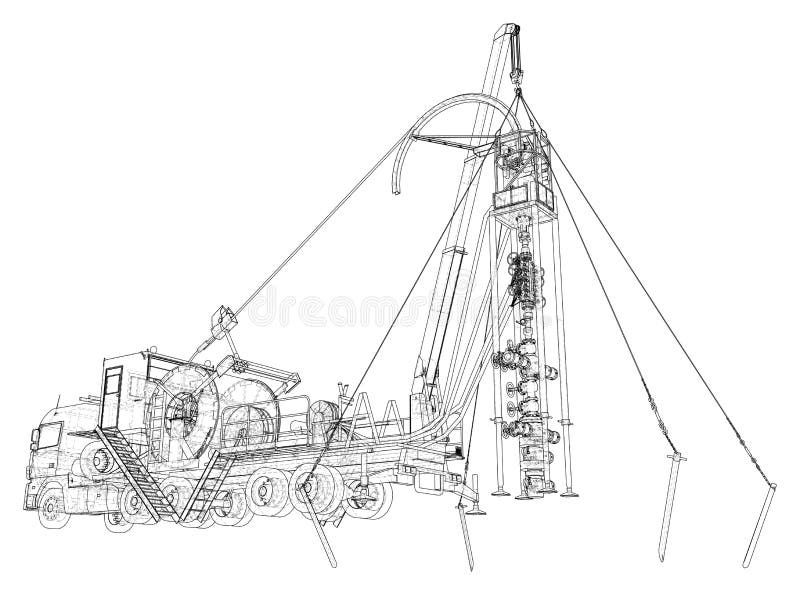 Wire-frame line coiled tubing truck isolated on white. Vector rendering of 3d royalty free illustration