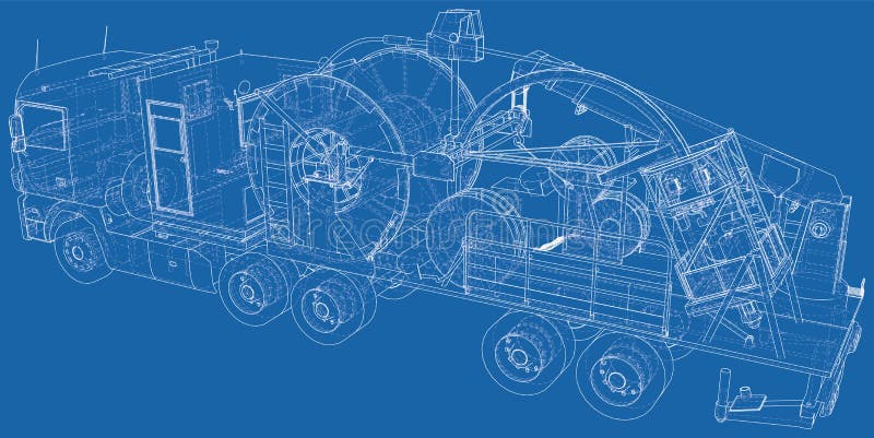 Wire-frame line coiled tubing truck isolated on white. Vector rendering of 3d vector illustration