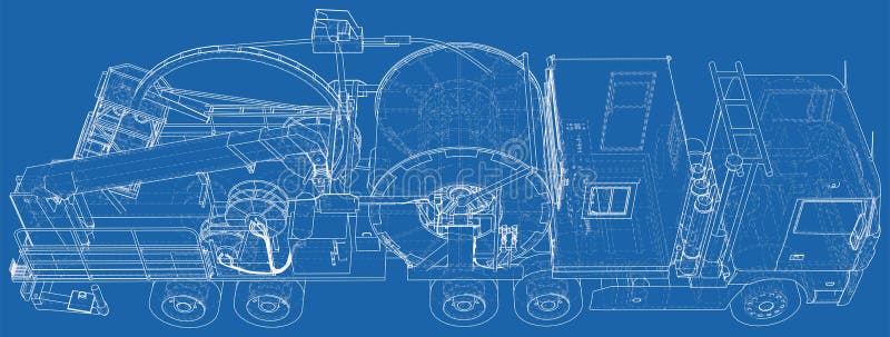 Wire-frame line coiled tubing truck isolated on white. Vector rendering of 3d royalty free illustration