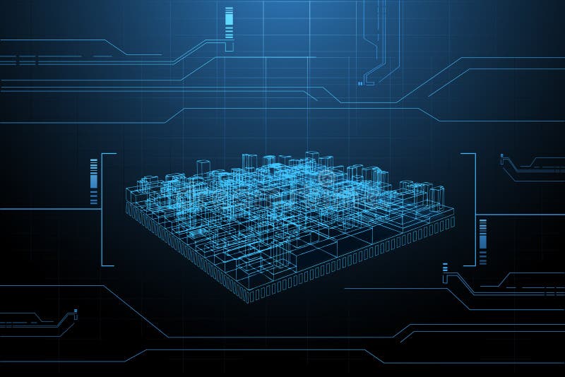 Illustrazione di un telaio in filo di presentazione di edificio su sfondo di tecnologia.