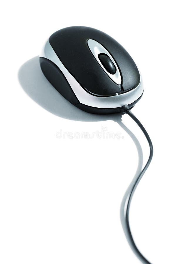 Wired computer mouse with a scroll wheel on a white background with a shadow and copyspace