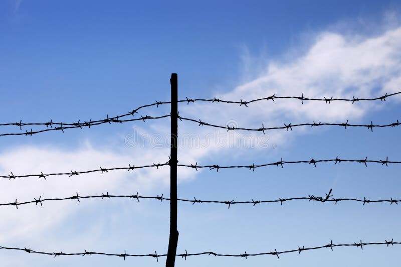 wired fence with barbed wires on blue sky background