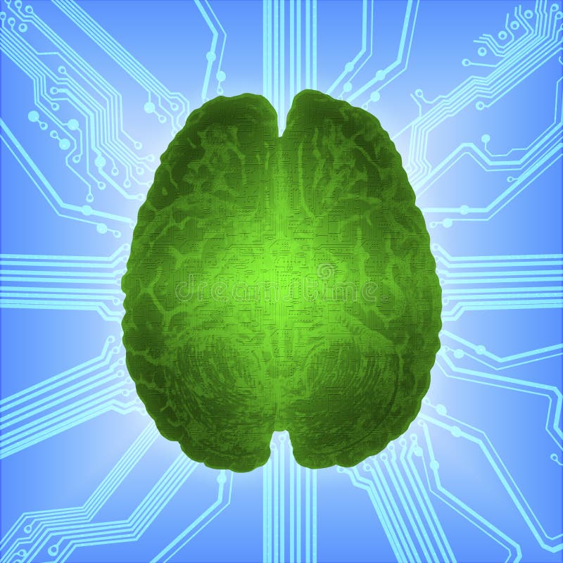 Wired glowing brain over computer microcircuit. Artificial intelligence AI and High Tech Concept. stock illustration