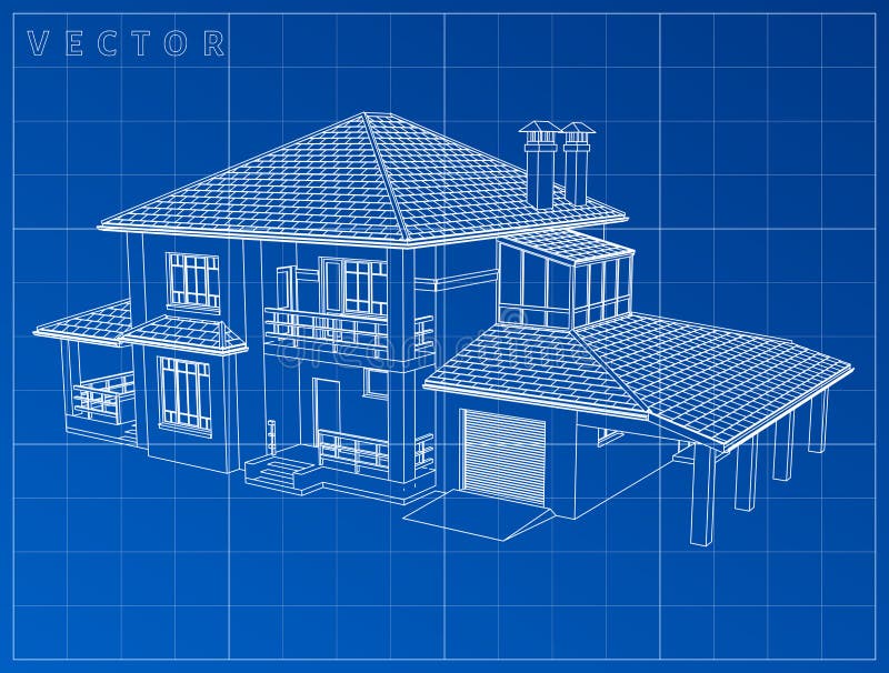 Download Wireframe Blueprint Drawing Of 3D House - Vector ...