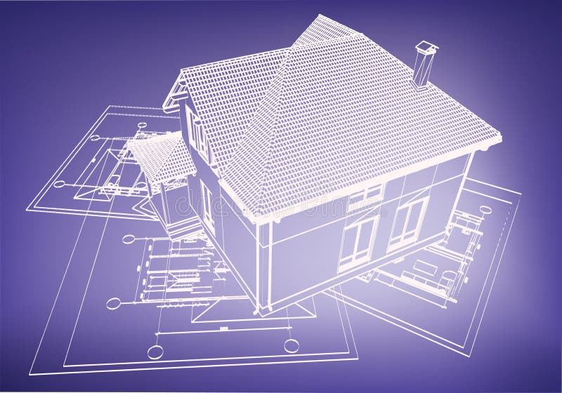 Wireframe building over blueprint vector illustration
