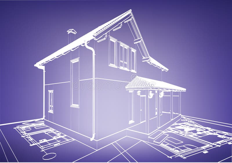 Wireframe building over blueprint vector illustration