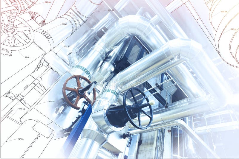 Wireframe Computer Cad Design of Pipelines at Modern Industrial Stock