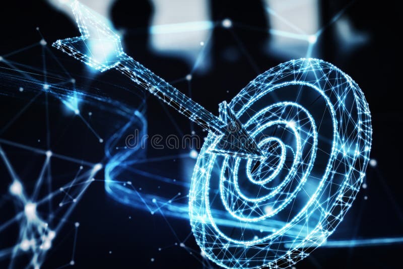 Wireframe digital arrow hit in the center a bullseye on dark blue background. 3D Rendering vector illustration