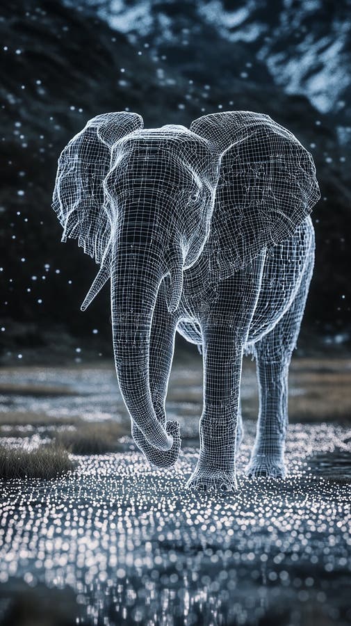 Wireframe Elephant: Walking Through a Minimalist Landscape. Wireframe elephant strolling through a minimalist landscape, defined by simple lines and a soft color palette