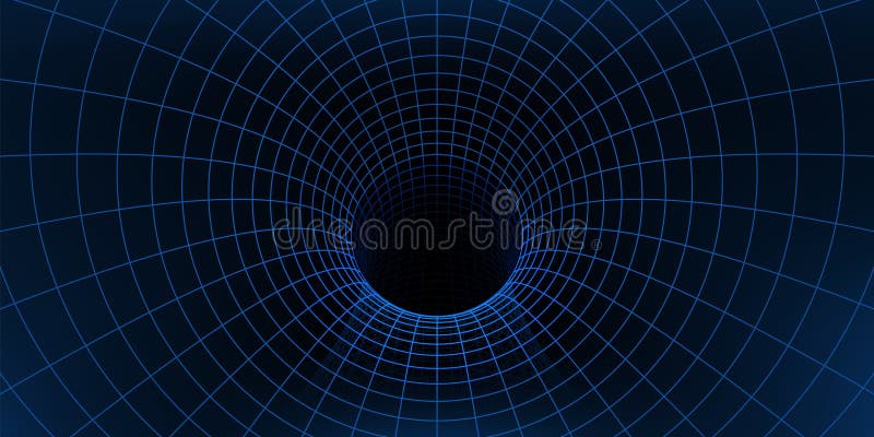 Wireframe grid tunnel, wormhole funnel background stock illustration