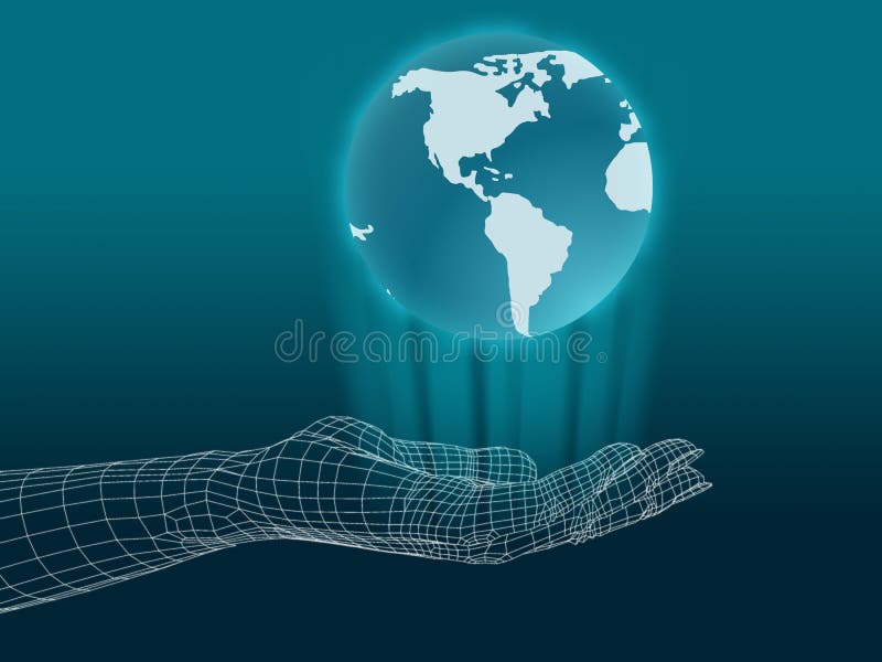 Wireframe hand with globe