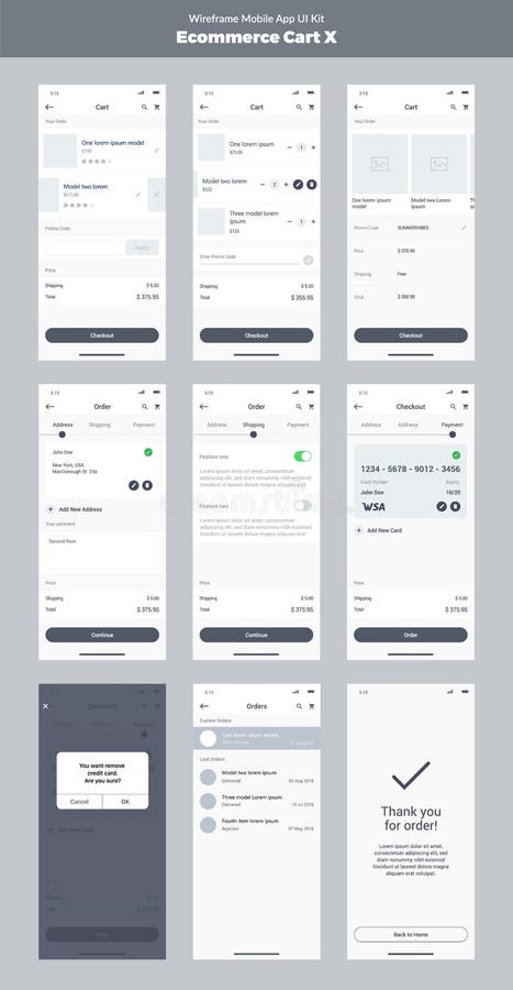 Wireframe kit for mobile phone. Mobile App UI, UX design. New ecommerce cart, stock illustration Wireframe kit for mobile phone. Mobile App UI, UX design. New ecommerce cart, stock illustration
