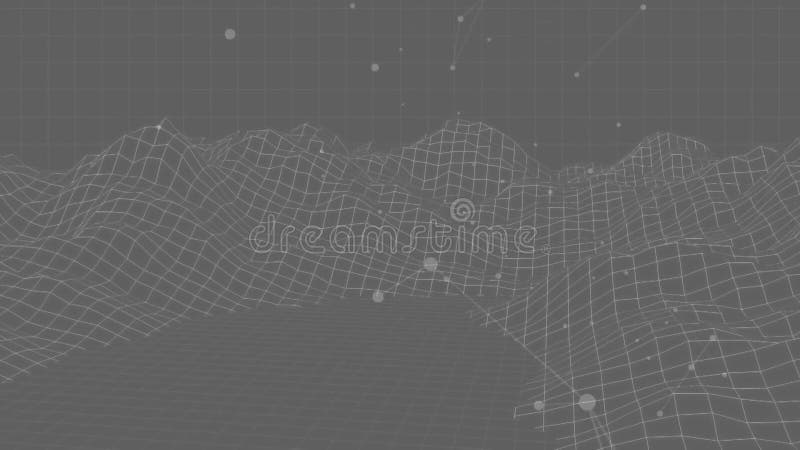 Wireframe landscape with grid and floating particles animation vector illustration