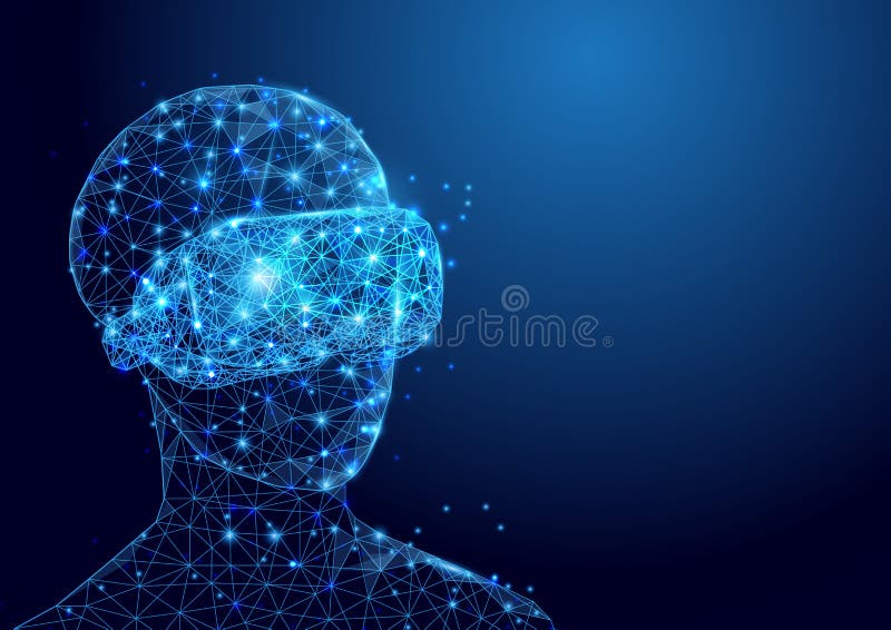 Wireframe man with VR headset sign mesh from a starry and start up concept background. stock illustration