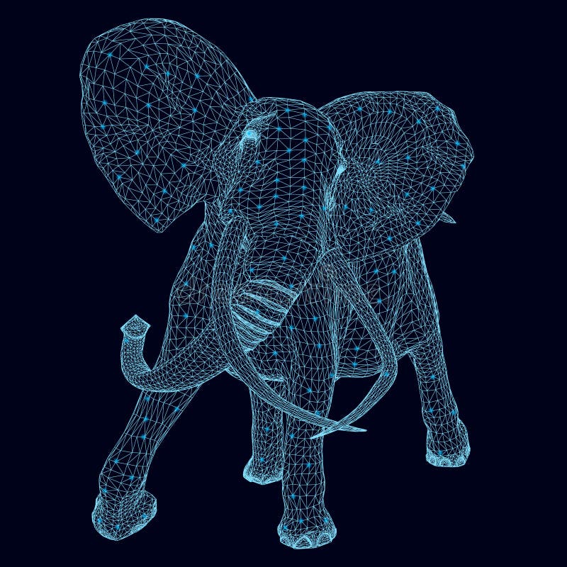 Wireframe of an elephant from blue lines with luminous lights on a dark background. Polygonal elephant in motion. 3D. Vector illustration. Wireframe of an elephant from blue lines with luminous lights on a dark background. Polygonal elephant in motion. 3D. Vector illustration.