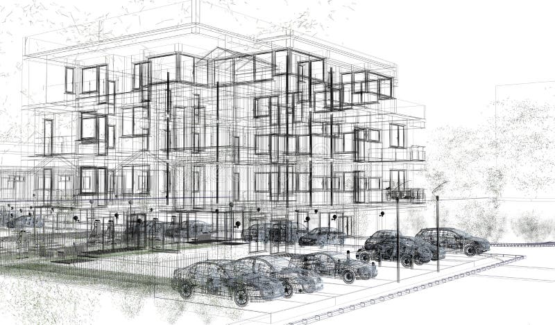 Wireframes esteriori della costruzione, rappresentazione di progettazione, architettura illustrazione di stock Wireframes esteriori della costruzione, rappresentazione di progettazione, architettura illustrazione di stock