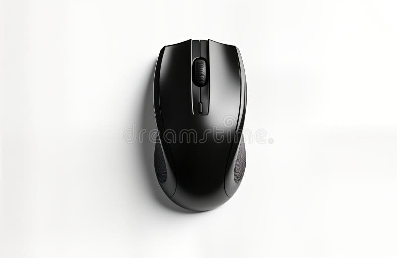 Wireless black computer mouse on white background. Modern tech device for input. Ergonomic design. Wireless connection. Business stock photo