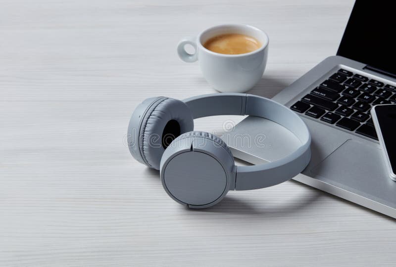 Wireless Headphones on Desk Stock Photo Image of audio, handsfree