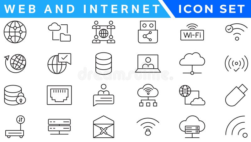Wireless and Network vector line icon set. Contains linear outline icons like Connection, Signal, Internet, Phone, Radio, Computer royalty free illustration
