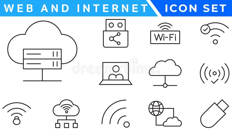 Wireless and Network vector line icon set. Contains linear outline icons like Connection, Signal, Internet, Phone, Radio, Computer stock illustration