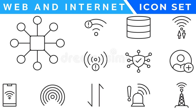 Wireless and Network vector line icon set. Contains linear outline icons like Connection, Signal, Internet, Phone, Radio, Computer stock illustration