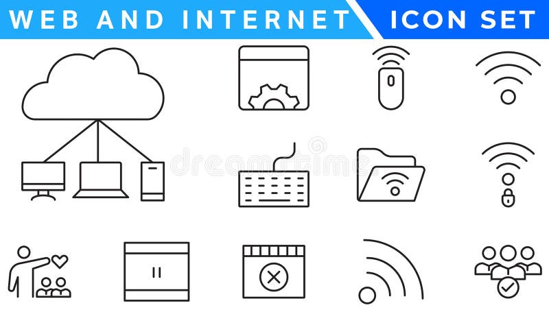 Wireless and Network vector line icon set. Contains linear outline icons like Connection, Signal, Internet, Phone, Radio, Computer stock illustration