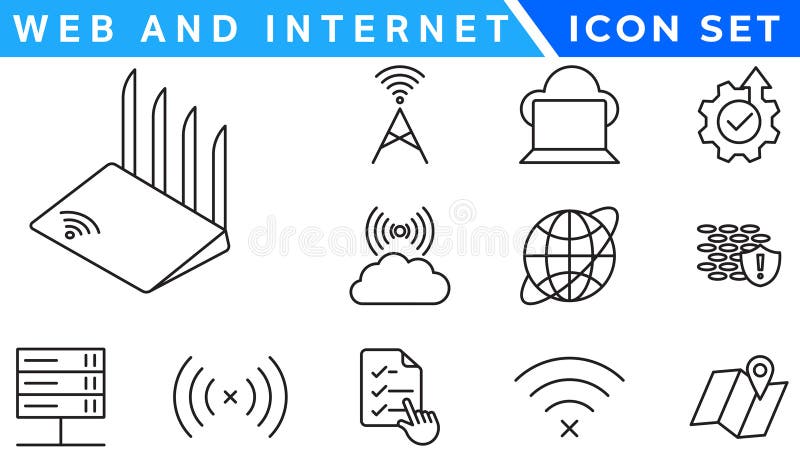 Wireless and Network vector line icon set. Contains linear outline icons like Connection, Signal, Internet, Phone, Radio, Computer royalty free illustration