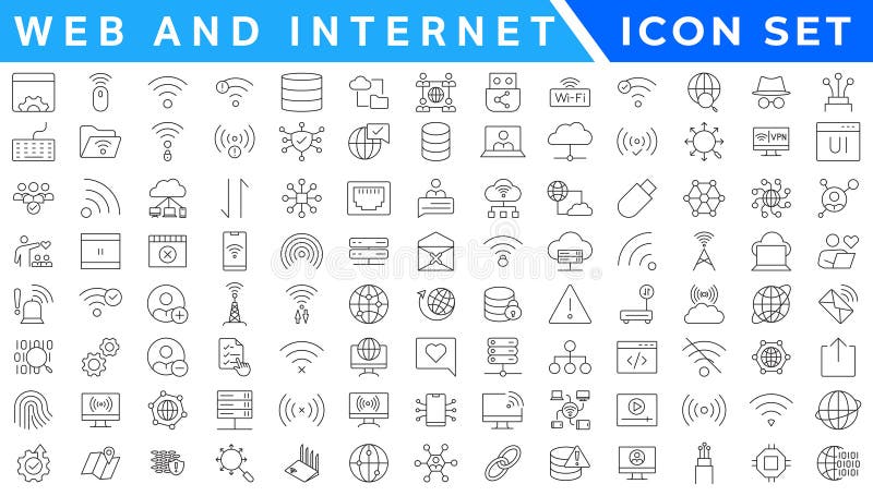 Wireless and Network vector line icon set. Contains linear outline icons like Connection, Signal, Internet, Phone, Radio, Computer stock illustration