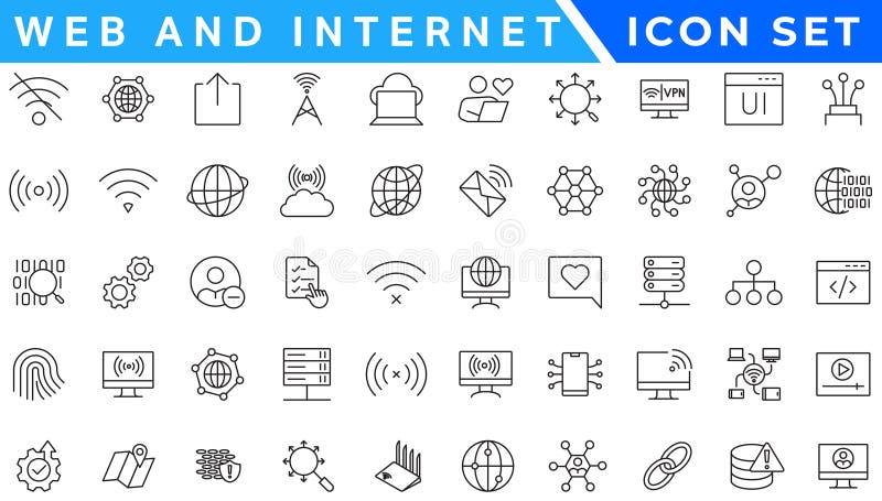 Wireless and Network vector line icon set. Contains linear outline icons like Connection, Signal, Internet, Phone, Radio, Computer stock illustration