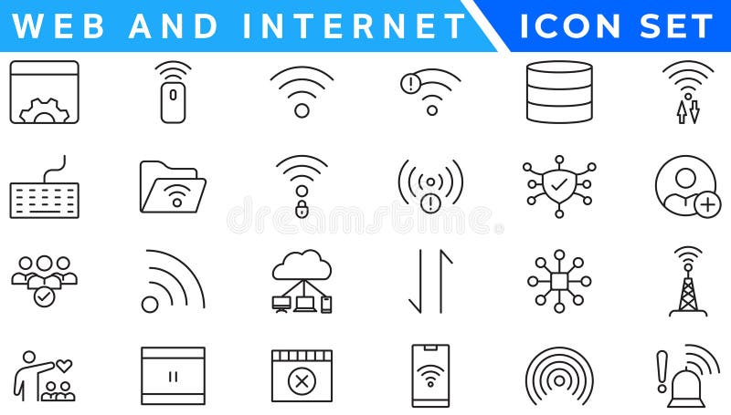 Wireless and Network vector line icon set. Contains linear outline icons like Connection, Signal, Internet, Phone, Radio, Computer stock illustration