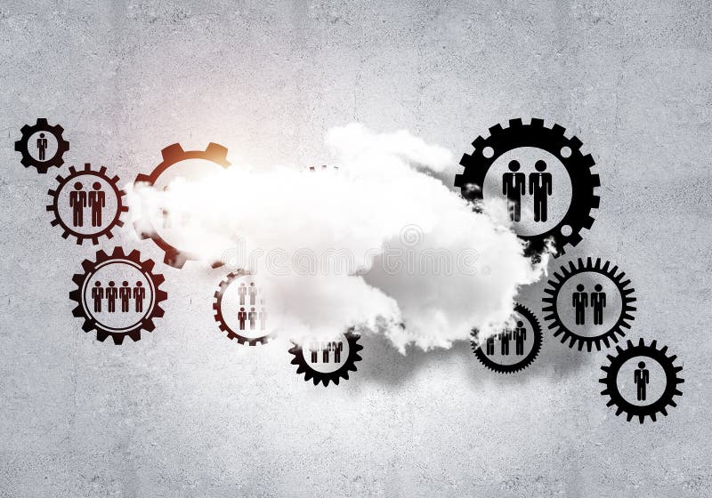 Wireless technologies for connection and sharing data as abstrac. Background image with gears and cloud computing connection concept on concrete wall