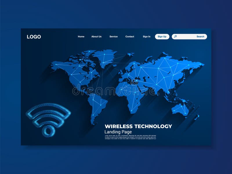 Wireless Technology Landing Page, Blue Background with World Map