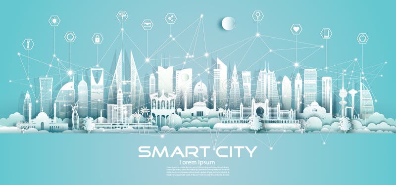 Wireless technology network communication smart city and icon