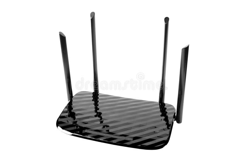 Wireless Wi-Fi router isolated on white background with clipping path. WiFi technology. Black wireless internet router isolated.