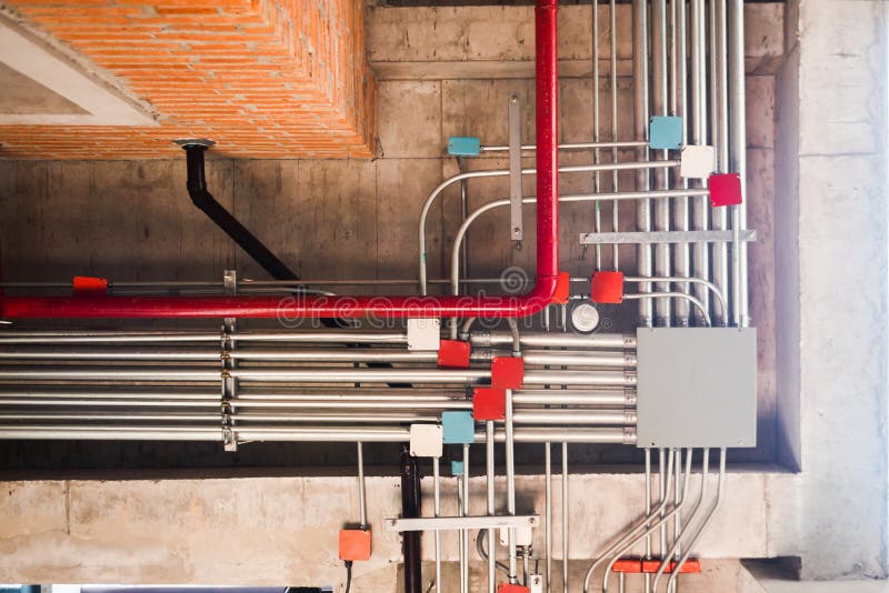 Wiring Pipe System Under Concrete Wall. Building Interior Concept Stock