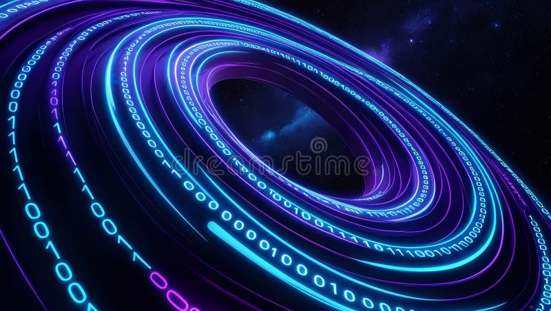 Wirujący wir neonowy kodu binarnego tworzy symulujący efekt wizualny prezentujący żywe kolory i futurystyczny projekt, który ilustracja wektor