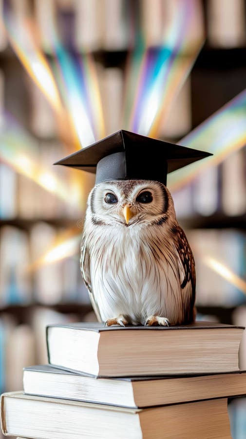 Wise owl in graduation cap perched on books with radiant light in library setting stock image