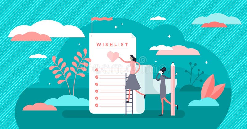 Wish list vector illustration. Flat tiny gifts request note persons concept vector illustration