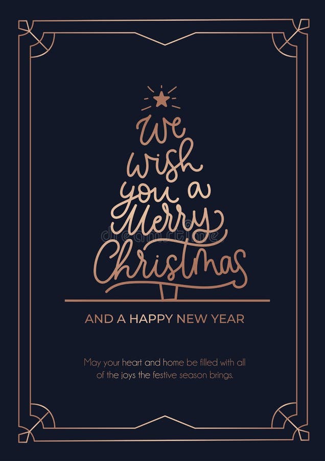 We wish you a Merry Christmas greeting card with rose gold lines and navy blue background. Christmas tree with lettering and