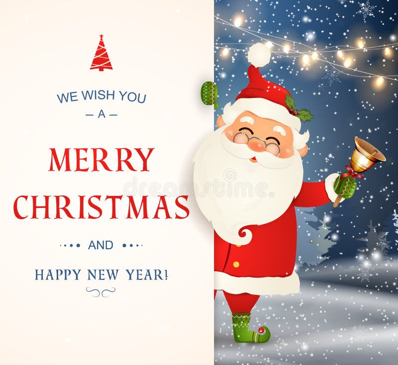We Wish you a Merry Christmas. Happy new year. Santa Claus character with big signboard. Merry Santa Clause with jingle stock illustration
