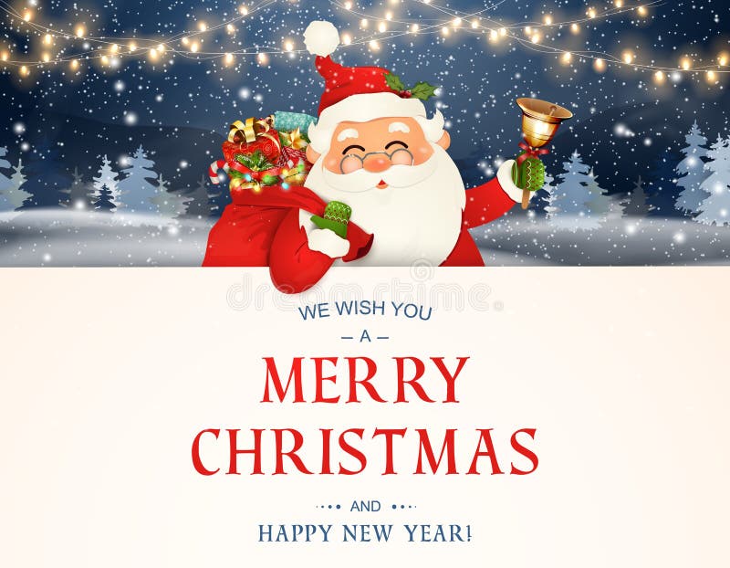 We Wish you a Merry Christmas. Happy new year. Santa Claus character with big signboard. Merry Santa Clause with jingle