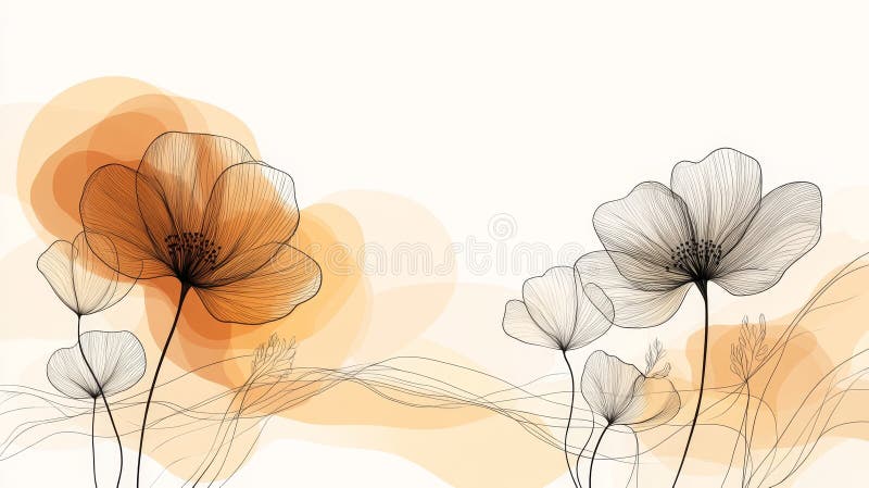 Wispy Floral Line Art Background Peach and Cream Palette Soft and Serene Nature Illustration stock illustration