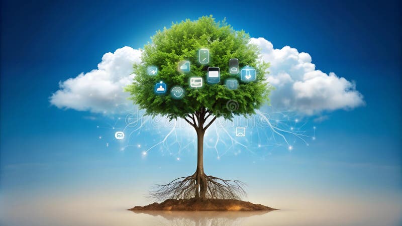 Wissensbaum : Smartphones, die sich in die Cloud-Generative ai verzweigen. Wissensbaum : Smartphones, die sich in die Cloud-Generative verzweigen, da ein Smartphone auf einem Zweig eines Baumes sitzt, der aus einer Wolke wächst, deren Blätter Bildungs-Icons darstellen, die das enorme Wissen und die Möglichkeiten darstellen, die über wolkenbasierte Plattformen zugänglich sind.