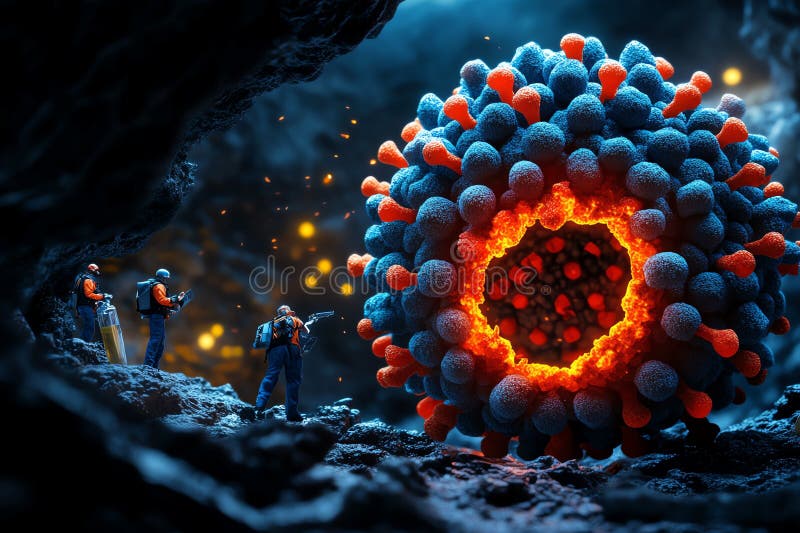 Wissenschaftler erforschen eine Höhle mit einer riesigen, virusähnlichen Struktur, die Biotechnologie und Mikrobiologie in einem S vektor abbildung