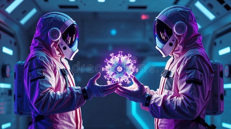 Wissenschaftler tauschen ein leuchtendes Virus in einem futuristischen Labor aus vektor abbildung